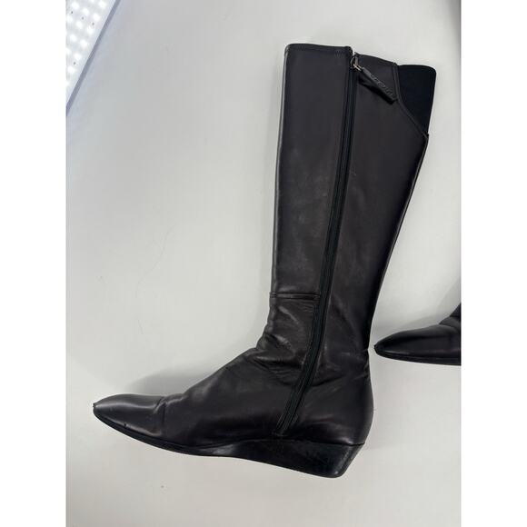 Prada Boots Womens 39 Black Leather Knee High Zip Up Wedge Elastic Nylon Panel - Picture 4 of 14